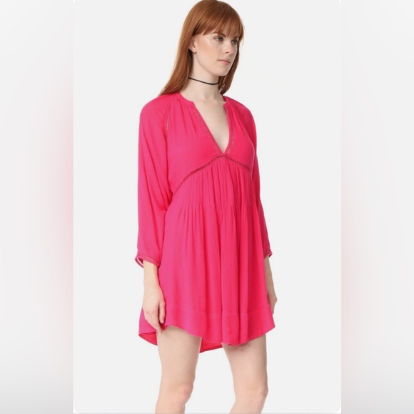 NEW! Free People Go Lightly Swing Dress V Neck Long Sleeve Boho Pink SZ M - Picture 3 of 15